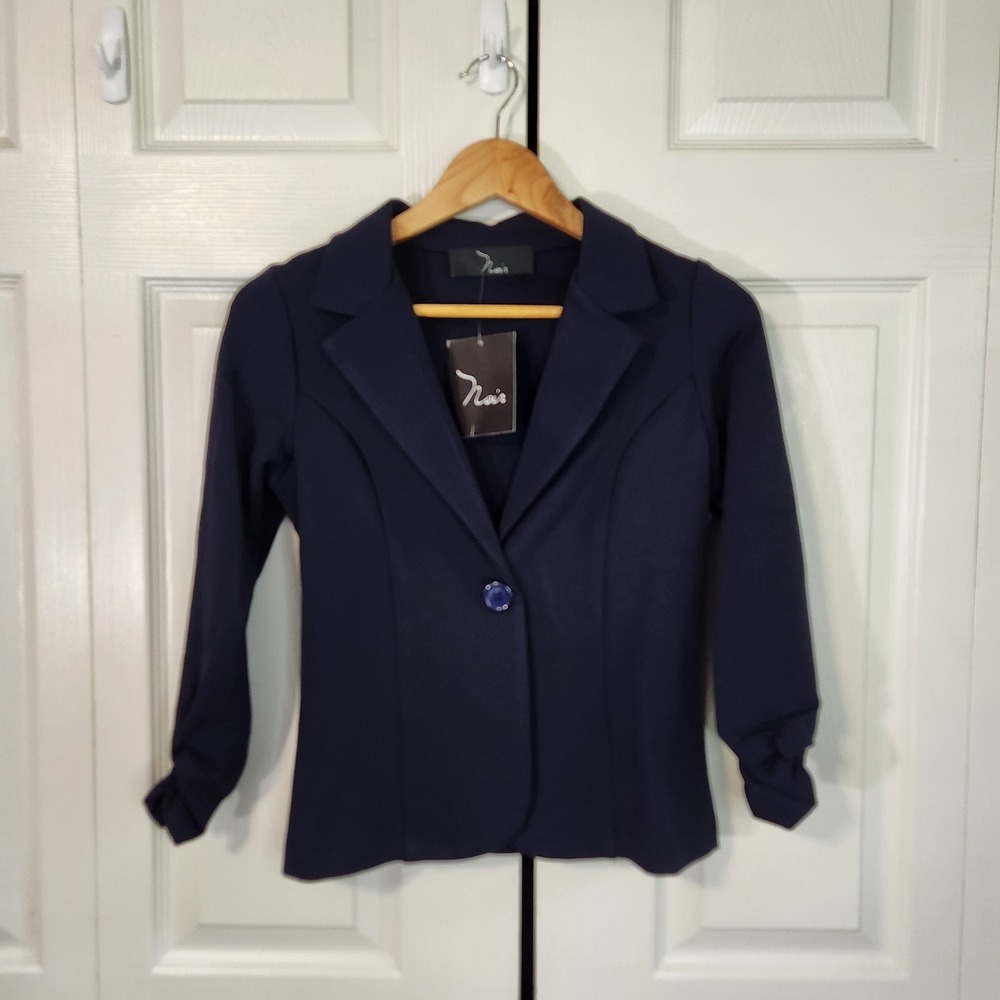 Noir Navy Blue Ruched 3/4 Sleeve Single Button Blazer Jacket XS Made in USA NEW